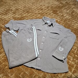 Cozy Taupe Fleece Athletic Lounge Set Embroidered Logo PINK VS Medium Shacket